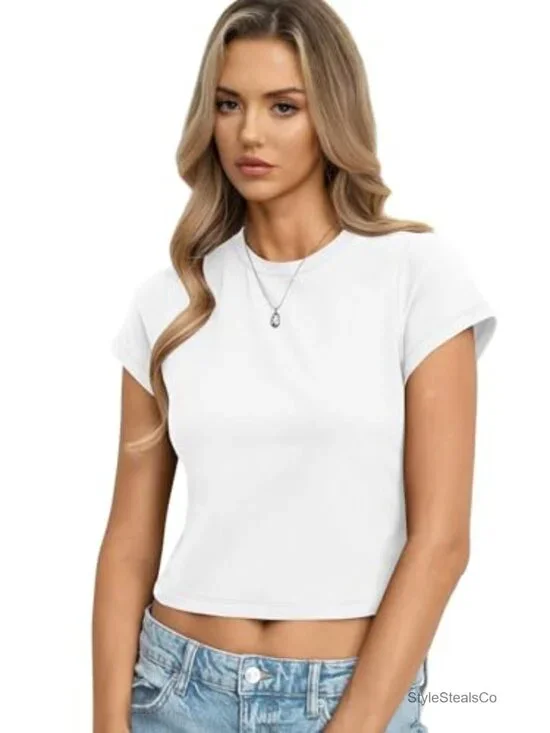 Slim Fit Cotton Crop Top Tee Short Sleeve Crewneck Summer Basic - Picture 5 of 7